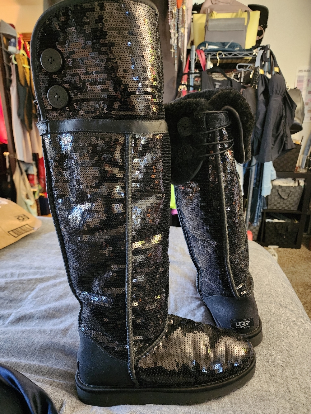 UGG Black Sequin Over The Knee Sz 8 NEW (No Box) Fur Lined Sparkle Winter Boots